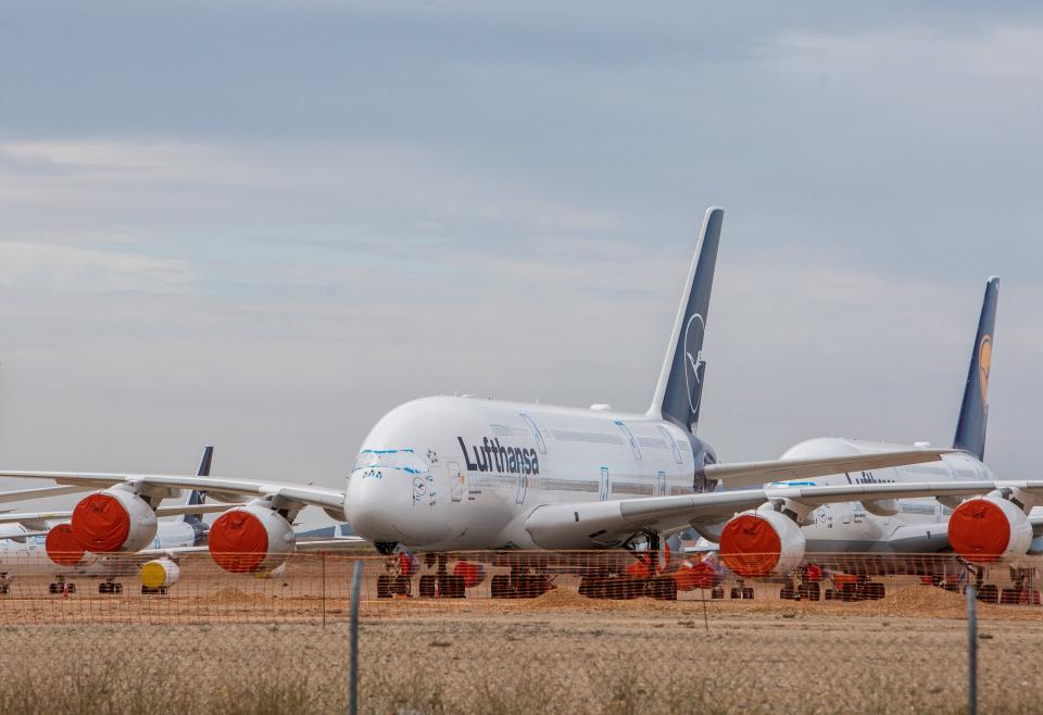 Two Airbus A380s operated by Lufthansa parked at Teruel Airport, Spain, in 2020.