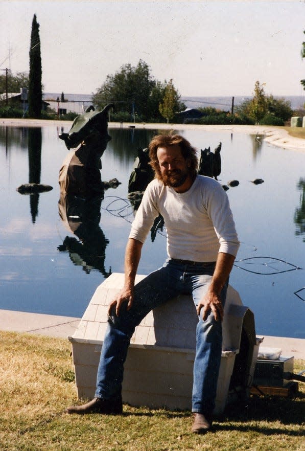 Artist Bob Diven and the original Magellan the Dragon, used annually in the Young Park Pond during the Doña Ana Arts Council Renaissance ArtsFaire beginning in the 1990s.