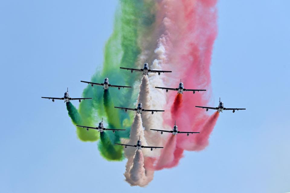 September 12, 2021: Italian Air Force aerobatic unit Frecce Tricolori (Tricolor Arrows) flies over prior to the Italian Formula One Grand Prix at the Autodromo Nazionale circuit in Monza.