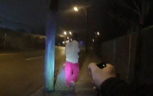 Image from body camera video showing the February 2019 arrest of Brandon Davis.