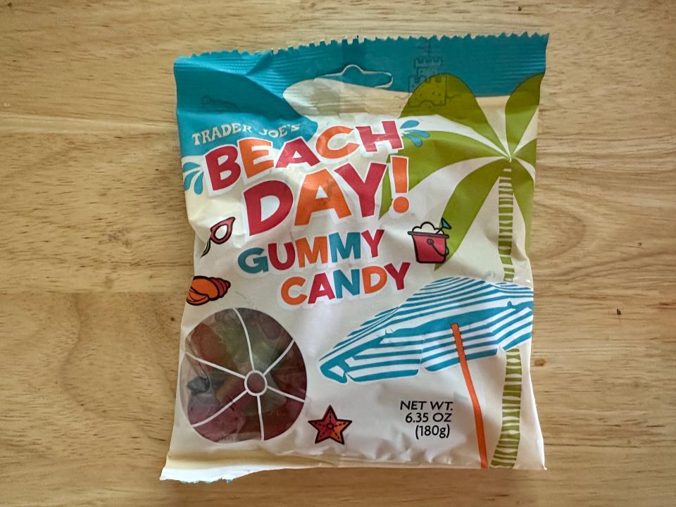 Trader Joe's Beach Day! gummy candy bag with an umbrella and palm tree on it