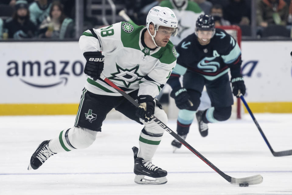 FILE - Dallas Stars forward Max Domi skates with the puck during an NHL hockey game against the Seattle Kraken, Monday, March 13, 2023, in Seattle. The Toronto Maple Leafs signed Max Domi to a $3 million, one-year contract. (AP Photo/Stephen Brashear, File)