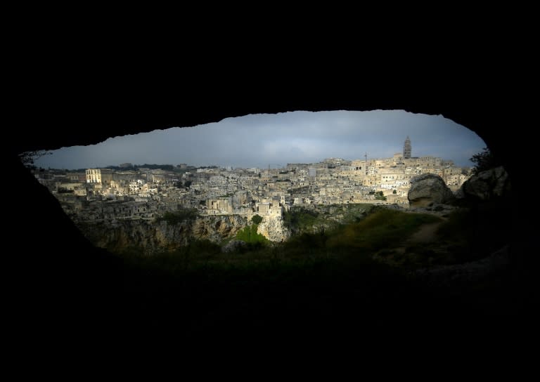 As seen from the old front door -- a panoramic view looking out from a cave dwelling onto the centre of Matera