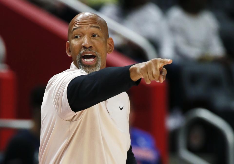Detroit Pistons head coach Monty Williams direct his team during the first half of a preseason NBA basketball game against the Phoenix Suns, Sunday, Oct. 8, 2023, in Detroit. (AP Photo/Duane Burleson)