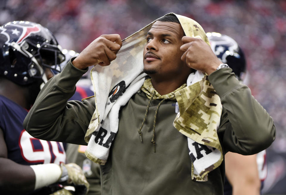 Houston Texans Deshaun Watson and J.J. Watt were jogging at the team facility on Thursday, showing progress after both suffered season-ending leg injuries. (AP)