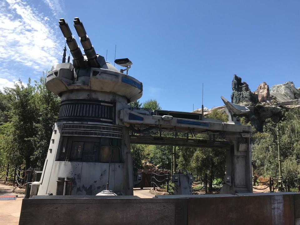 A laser turret guards the entrance to Rise of the Resistance, a highly anticipated attraction due to open this year at Star Wars: Galaxy's Edge at Disneyland.