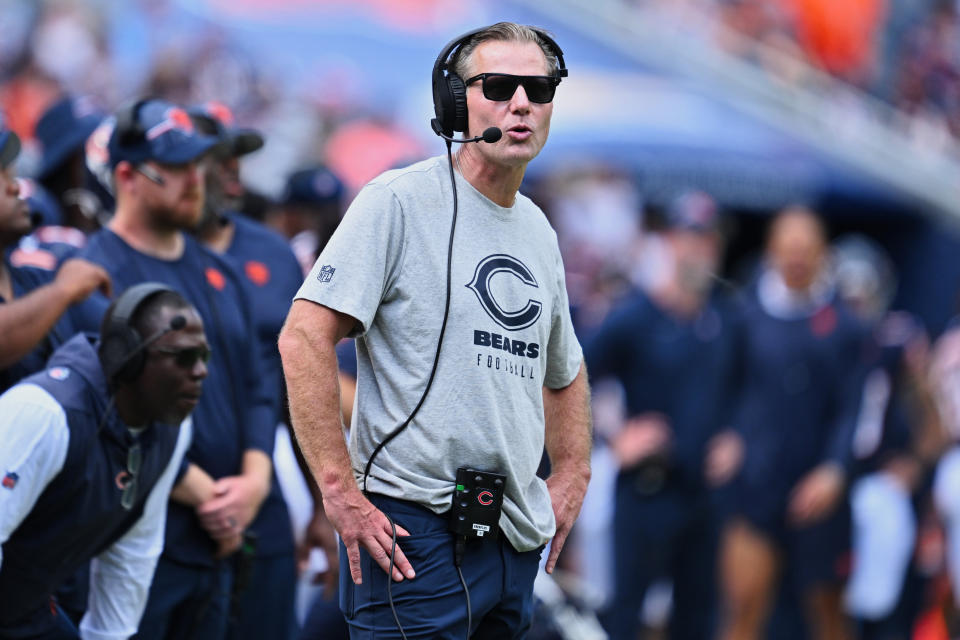 Aug 12, 2023; Chicago, Illinois, USA; Chicago Bears head coach Matt Eberflus in the second half against the Tennessee Titans at Soldier Field. Mandatory Credit: Jamie Sabau-USA TODAY Sports ORG XMIT: IMAGN-710965 ORIG FILE ID: 20230812_sjb_qt0_048.JPG