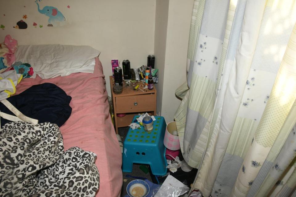 Blood, faeces and saliva were seen on Finley’s cot and on clothes alongside bottles of gone-off milk and signs of cannabis use. (Derbyshire Police)