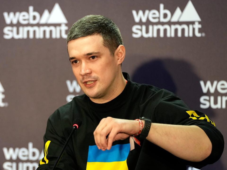 Ukraine's Minister of Digital Transformation Mykhailo Fedorov gestures during a news conference at the Web Summit technology conference in Lisbon, Portugal, Thursday, Nov. 3, 2022.
