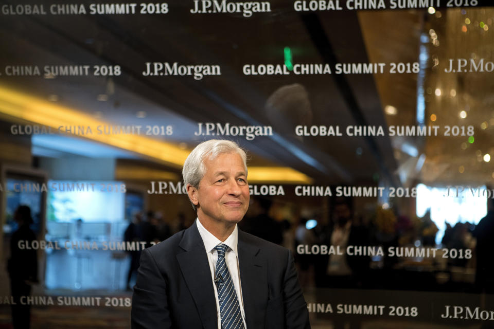 Jamie Dimon, chief executive officer of JPMorgan Chase & Co., listens during a Bloomberg Television interview on the sidelines of the JP Morgan Global China Summit in Beijing, China, on Tuesday, May 8, 2018. Dimon signaled that he's hopeful mounting trade tensions won't derail the U.S. bank's plans to create a wholly owned securities venture in China. Photographer: Giulia Marchi/Bloomberg via Getty Images