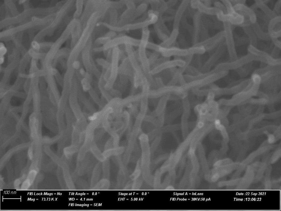 Carbon nanotubes are visible under incredibly powerful electron microscopes. This tangle of super-strong carbon spaghetti was made at SkyNano from carbon dioxide captured from TVA carbon emissions.