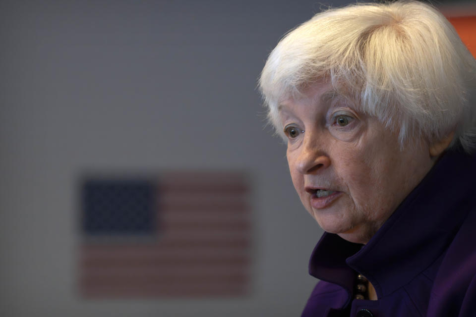 FILE - Treasury Secretary Janet Yellen speaks during a press conference at the U.S. Embassy in Beijing, China, Sunday, July 9, 2023. (AP Photo/Mark Schiefelbein, File)