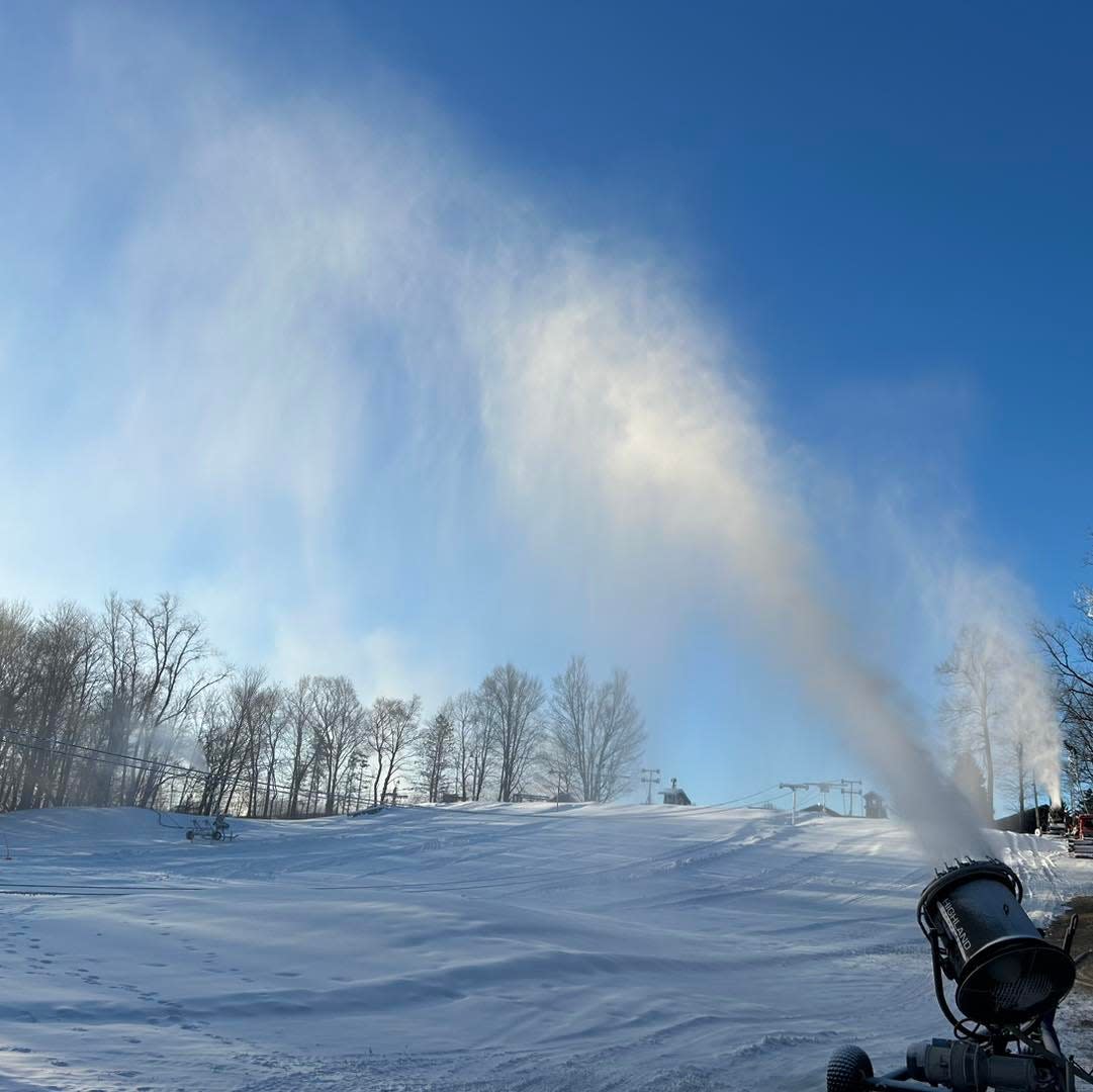 A snow gun pumps snow onto one of the slopes at Swiss Valley Ski & Snowboard Area in Jones this week as it prepares for the season's final day on March 2, 2024.
