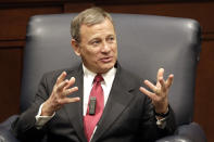 FILE - In this Feb. 6, 2019 file photo, Supreme Court Chief Justice John Roberts answers questions during an appearance at Belmont University in Nashville, Tenn. How a Senate impeachment trial of President Donald Trump would unfold is not yet known, but among the issues senators will have to decide are how long it lasts and whether witnesses are called. Presiding over the trial will be Chief Justice John Roberts, who theoretically could issue key rulings on some of these questions. (AP Photo/Mark Humphrey)