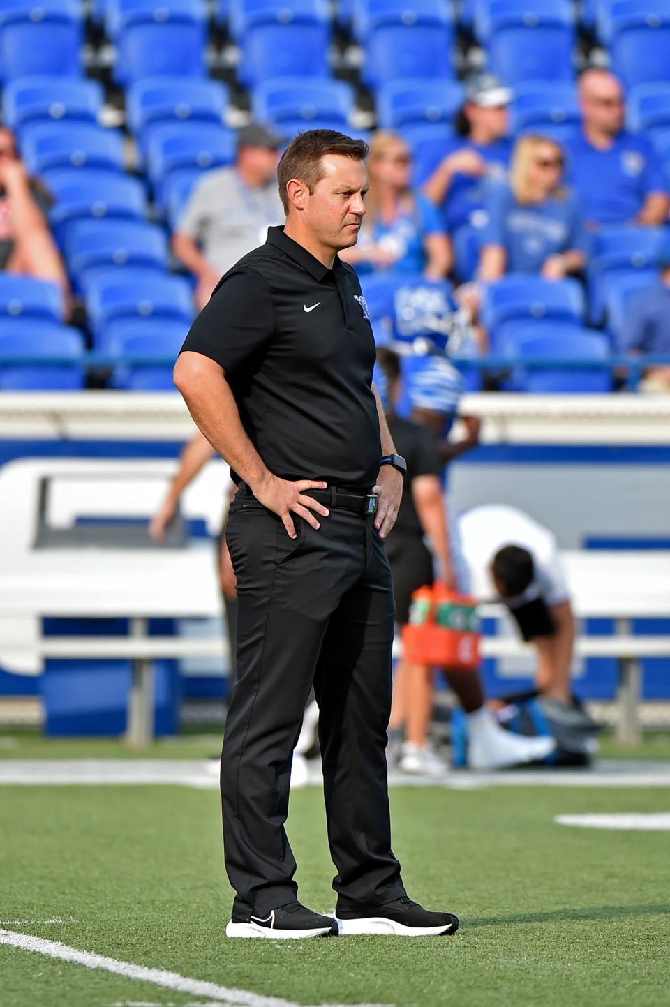 Sep 4, 2021; Memphis, Tennessee, USA;  Memphis Tigers head coach Ryan Silverfield before the game against the Nicholls State Colonels at Liberty Bowl Memorial Stadium.