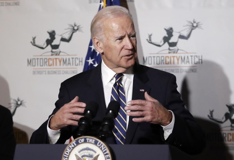 Vice President Joe Biden gestures while speaking at a ceremony honoring 15 Detroit entrepreneurs, Tuesday, Jan. 10, 2017, in Detroit. The entrepreneurs earned Motor City Match grants to open or expand their business in the city. Biden joined Detroit Mayor Mike Duggan as Motor City Match awards $600,000 in grants to 15 new & growing Detroit businesses. (AP Photo/Carlos Osorio)