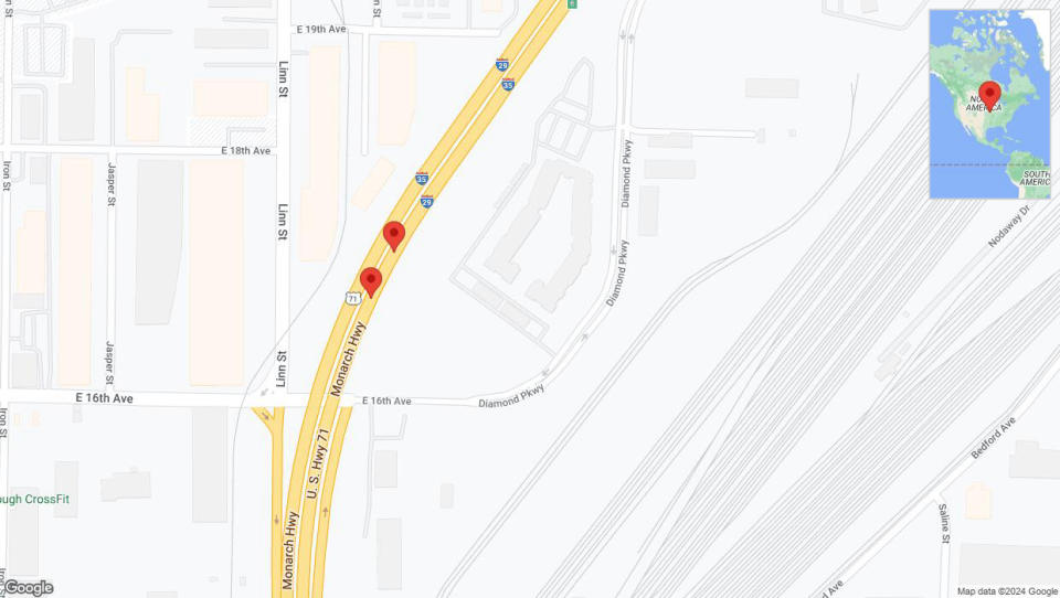 A detailed map that shows the affected road due to 'Broken down vehicle on northbound I-29/I-35 in Kansas City' on July 16th at 4:26 p.m.