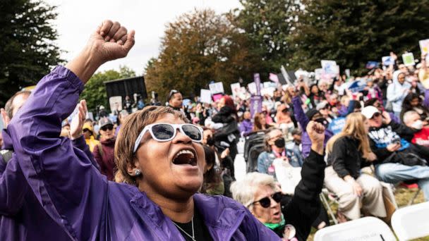 PHOTO: A woman shouts during the annual Women's March to support Women's Rights in Washington, D.C, Oct. 8, 2022. (Roberto Schmidt/AFP via Getty Images)