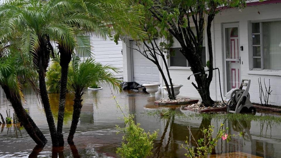 A home in Rubonia is surrounded by water on 71st Street East. Several roads are closed in Manatee County as now Hurricane Debbie swept through the area on Monday, Aug. 5, 2024.