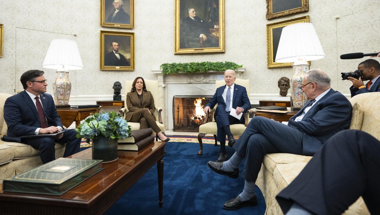 President Biden and Vice President Harris met on Feb. 27, 2024, with congressional leaders to find a way to avoid a shutdown. <a href="https://newsroom.ap.org/detail/Biden/ff2a1de2d69744cf80a497414c3edd8f/photo?Query=biden&mediaType=photo&sortBy=creationdatetime:desc&dateRange=Anytime&totalCount=124199&currentItemNo=7" rel="nofollow noopener" target="_blank" data-ylk="slk:AP Photo/Evan Vucci;elm:context_link;itc:0;sec:content-canvas" class="link ">AP Photo/Evan Vucci</a>