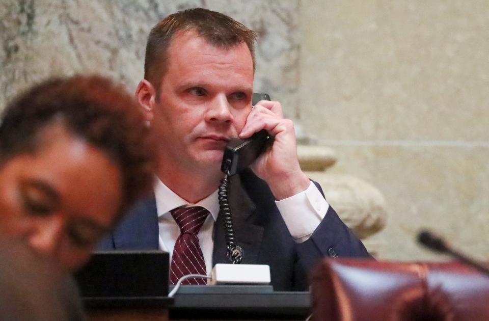 State Sen. Devin LeMahieu, R-Oostburg, answers a call March 8 at the Capitol in Madison. He was reelected Senate majority leader last month.