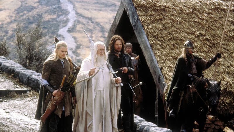 Orlando Bloom (Legolas) and Viggo Mortensen (Aragorn) escort Ian McKellen (Gandalf) to the stables of Edoras in New Line Cinema’s epic adventure, “The Lord of the Rings: The Return of the King.”