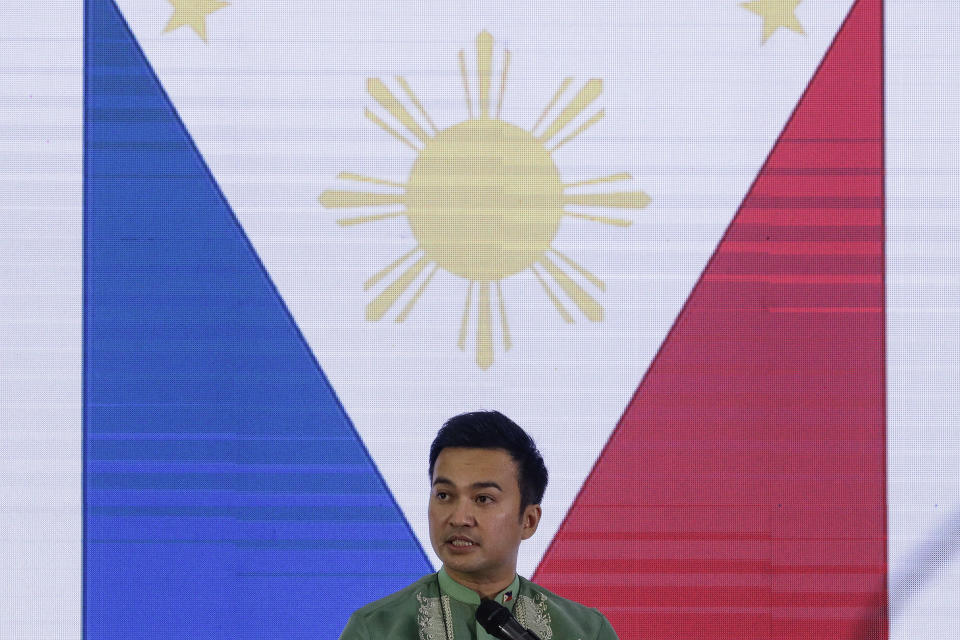 Representative Lord Allan Velasco speaks after being sworn in as the new house speaker by supporters at the Celebrity sports club in Quezon city, Philippines on Monday, Oct. 12, 2020. A large faction of Philippine legislators in the House of Representatives elected Velasco Monday but the incumbent speaker declared the vote "a travesty" in a tense political standoff between two allies of the president. (AP Photo/Aaron Favila)