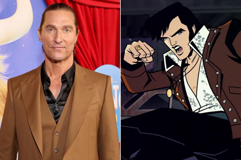 Matthew McConaughey attends the premiere of Illumination's "Sing 2" on December 12, 2021 in Los Angeles, California.; Agent Elvis. Matthew McConaughey as Elvis in Agent Elvis. Cr. COURTESY OF NETFLIX © 2023