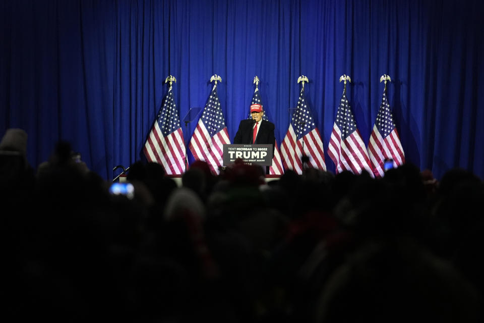 Republican presidential candidate former President Donald Trump speaks at a campaign rally in Waterford Township, Mich., Saturday, Feb. 17, 2024. (AP Photo/Paul Sancya)