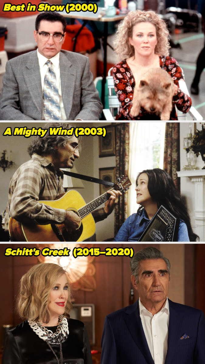 A compilation of Eugene Levy and Catherine O'Hara in various roles: Best in Show (2000), A Mighty Wind (2003), and Schitt's Creek (2015–2020)