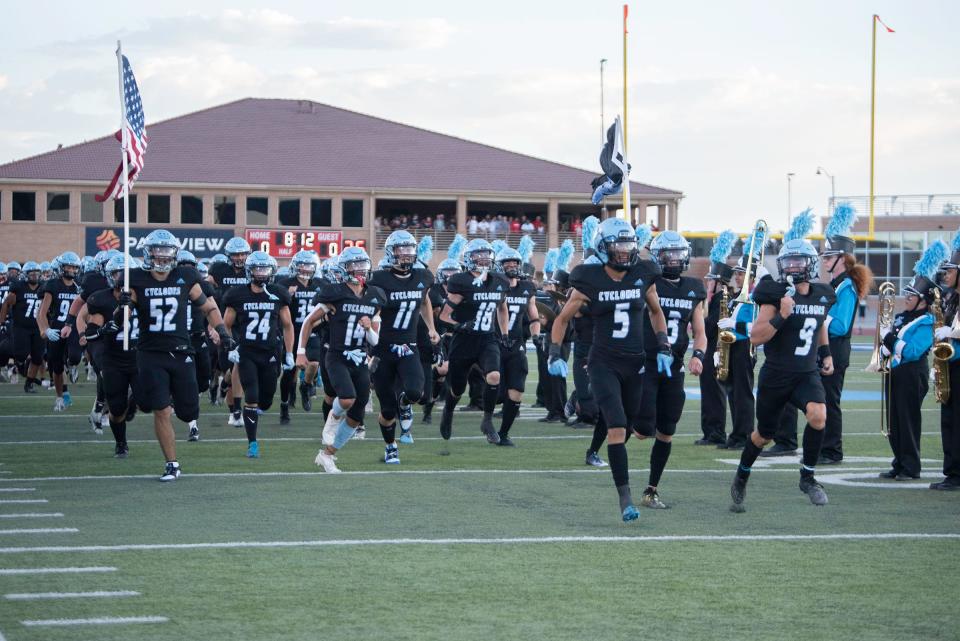 The Pueblo West football team take the field at the Colorado State University Pueblo ThunderBowl to start the Pigskin Classic against Pueblo County on Friday, September 1, 2023.