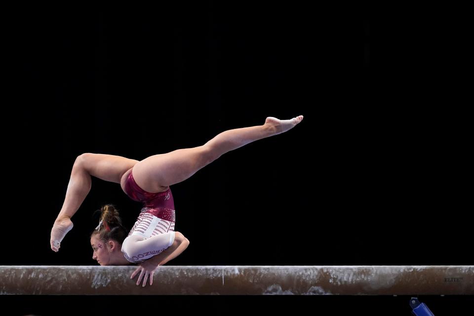 OU gymnast Audrey Davis competes on the balance beam during last year's NCAA women's gymnastics championship on April 14 in Fort Worth, Texas. The Sooners won their fifth national title in 2022.