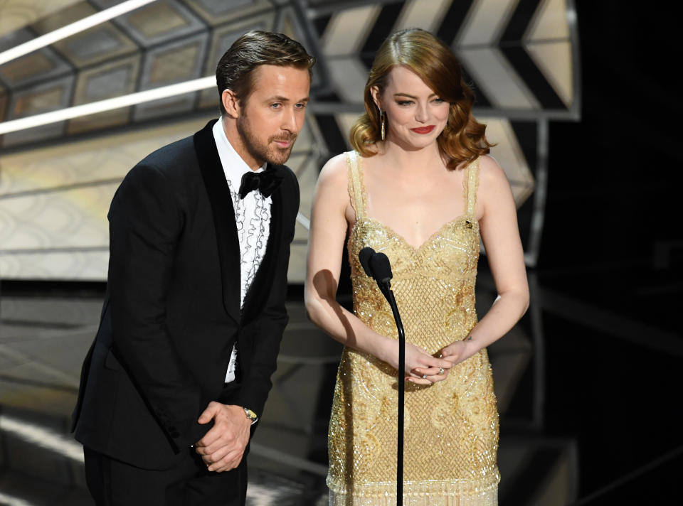 Ryan Gosling and Emma Stone speak onstage during the 89th Annual Academy Awards at Hollywood &amp; Highland Center on Feb. 26, 2017 in Hollywood, California.