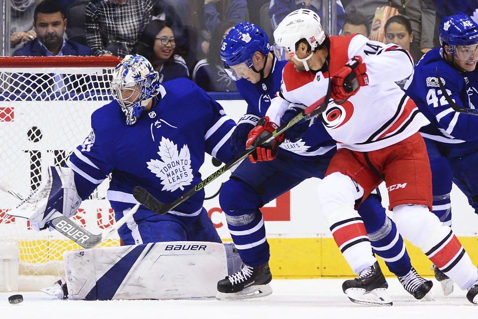 Toronto Maple Leafs goalie Frederik Andersen hasn’t been strong this season, but he made one of the year’s best saves on Thursday. (Frank Gunn/CP)