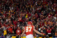 Kansas City Chiefs tight end Travis Kelce (87) celebrates his touchdown reception against the Cincinnati Bengals during the first half of the NFL AFC Championship playoff football game, Sunday, Jan. 29, 2023, in Kansas City, Mo. (AP Photo/Brynn Anderson)