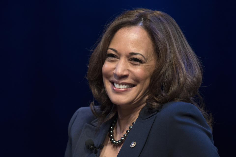 FILE - In this Jan. 9, 2019, file photo, kicking off her book tour, Sen. Kamala Harris, D-Calif., speaks at George Washington University in Washington. Democratic presidential candidate former Vice President Joe Biden has chosen Harris as his running mate. (AP Photo/Sait Serkan Gurbuz)