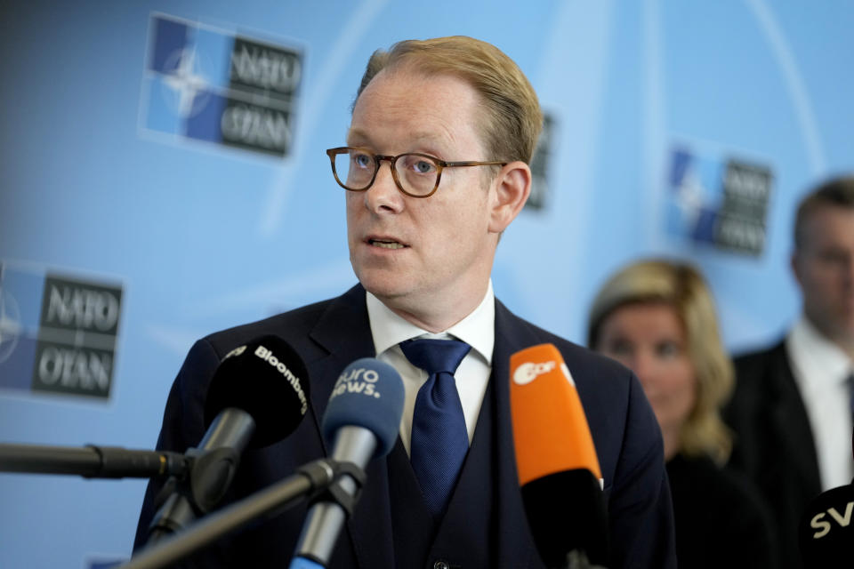 Sweden's Foreign Minister Tobias Billstrom speaks during a media conference at NATO headquarters in Brussels, Thursday, July 6, 2023. Senior officials from Sweden and Turkey arrived at NATO headquarters Thursday to examine Turkish President Recep Tayyip Erdogan's objections to the Nordic country joining the military alliance and to see what more, if anything, could be done to break the deadlock. (AP Photo/Virginia Mayo)