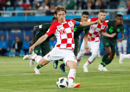 Soccer Football - World Cup - Group D - Croatia vs Nigeria - Kaliningrad Stadium, Kaliningrad, Russia - June 16, 2018 Croatia's Luka Modric scores their second goal from a penalty REUTERS/Murad Sezer