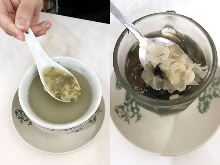 Mung bean and barley soup (left) and snow fungus, sago and fairy grass 'tong sui' (right)