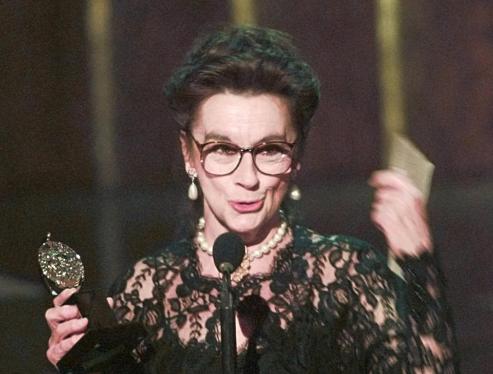 FILE - In this June 2, 1996, file photo, Zoe Caldwell holds her award for Leading Actress in a Play for her role in "Master Class" at the 50th Annual Tony Awards in New York. Caldwell, a four-time Tony Award winner famous for portraying larger-than-life characters, has died. Her son Charlie Whitehead said Caldwell died peacefully Sunday, Feb. 16, 2020, at her home in Pound Ridge, New York. She was 86. Whitehead said her death was due to complications from Parkinson's disease. (AP Photo/Ron Frehm, File)