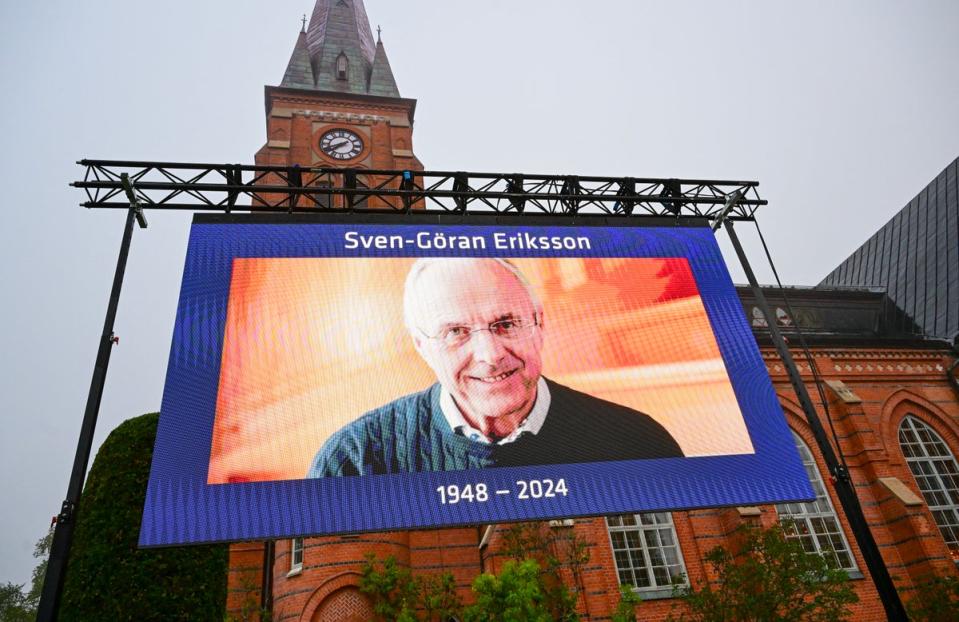 A photograph of the late Swedish football manager Sven-Goran Eriksson adorns a screen in front of the Fryksande church on September 12, 2024 in Torsby, Sweden (TT NEWS AGENCY/AFP via Getty Ima)