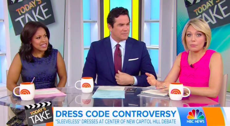 Sheinelle Jones, Dean Cain, and Dylan Dreyer discuss the reporter being barred from the Speaker’s Lobby on Capitol Hill for wearing a sleeveless dress. (Photo: NBC)