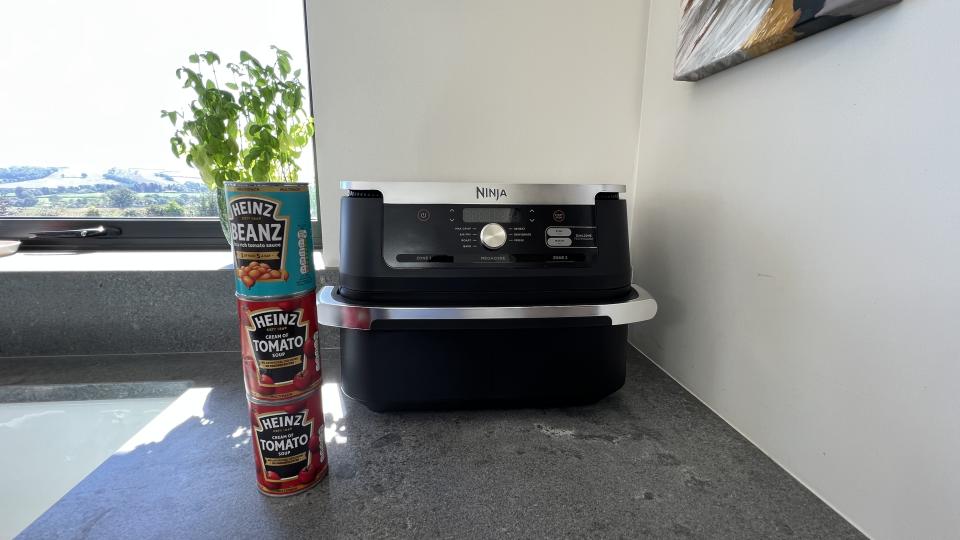 Ninja Foodi FlexBasket on worktop with tin cans for height comparison