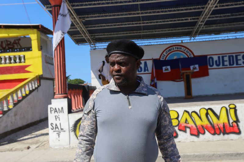 Jimmy "Barbecue" Cherizier, leader of the 'G9' coalition of gangs, speaks to media, in Port-au-Prince