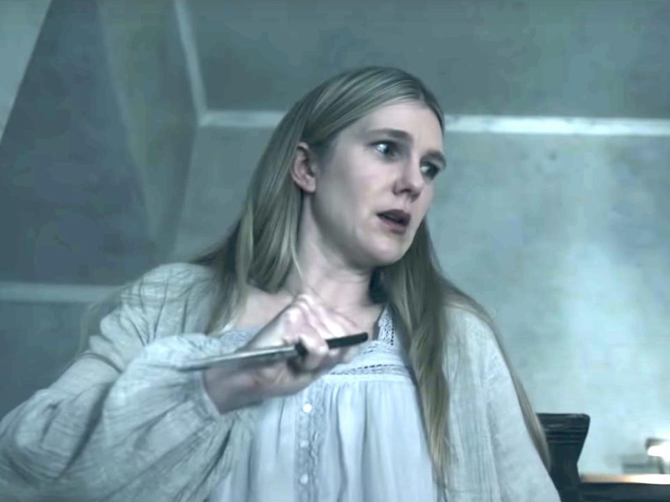 Lily Rabe holds a knife in a still from the trailer for "American Horror Story: Double Feature."