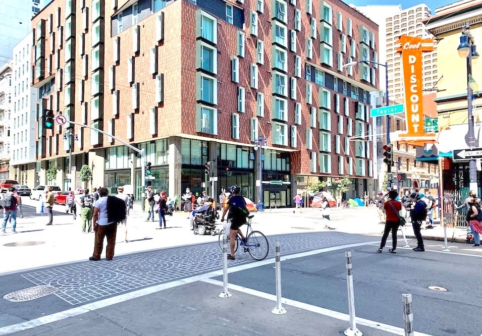 Protesters block Taylor Street in the Tenderloin on May 22 to demand further lane closures.