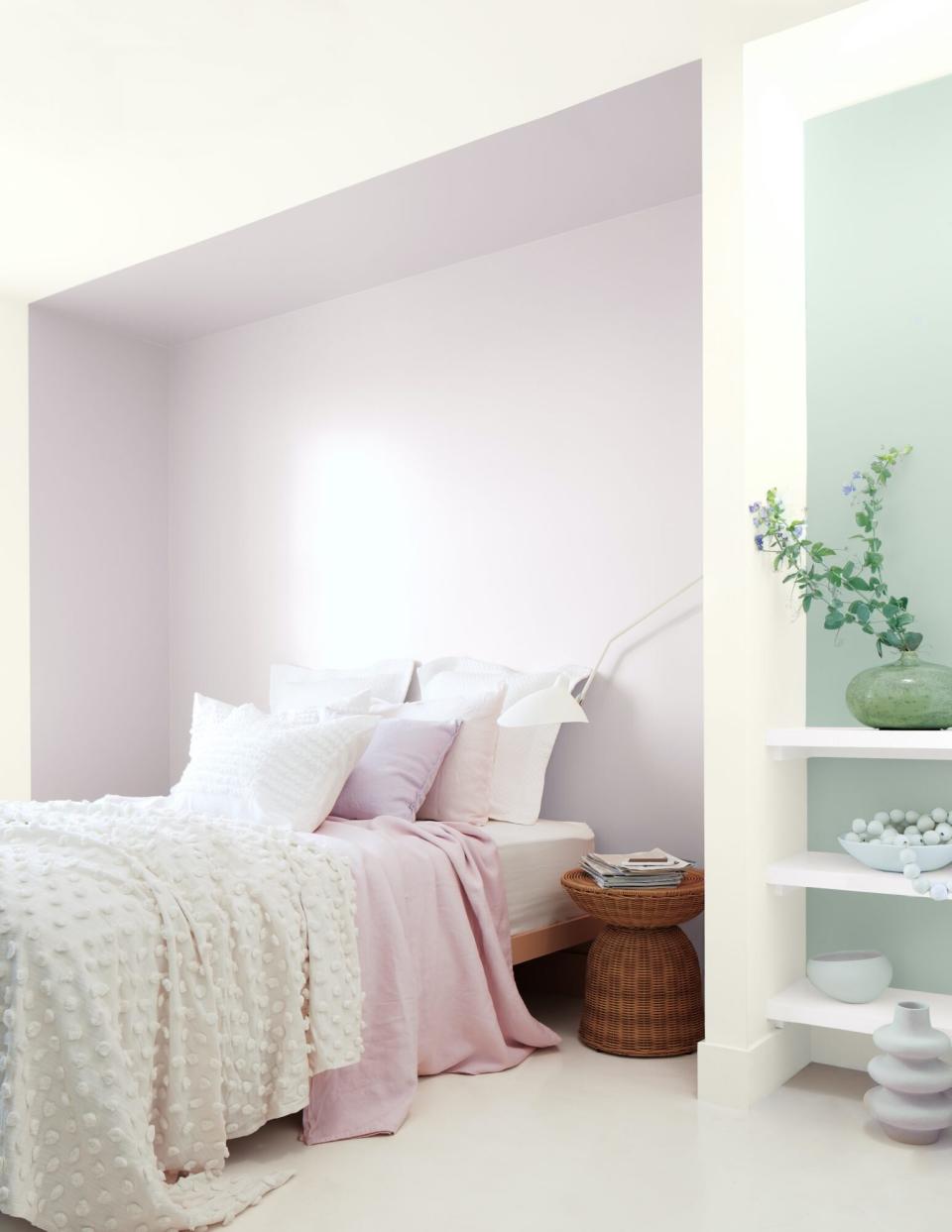 sage green and lavender paint in bedroom