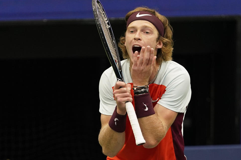 Andrey Rublev, of Russia, reacts after losing a point to Frances Tiafoe, of the United States, during the quarterfinals of the U.S. Open tennis championships, Wednesday, Sept. 7, 2022, in New York. (AP Photo/Seth Wenig)