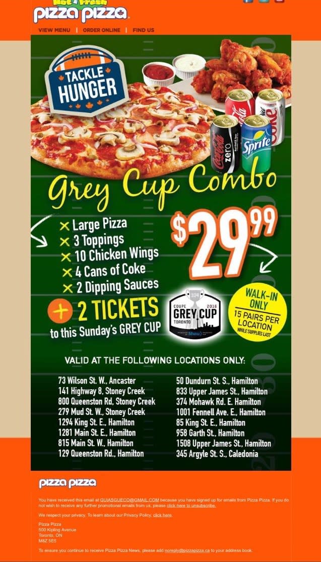Grey Cup tickets offered with $30 pizza deal, months after they