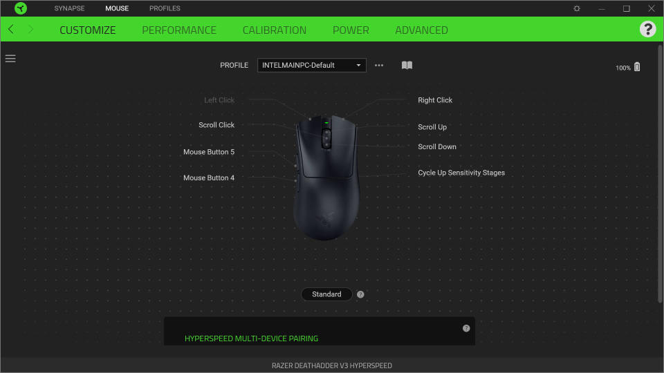 Screenshots of Razer's Synapse application, showing the configuration options for the DeathAdder V3 HyperSpeed